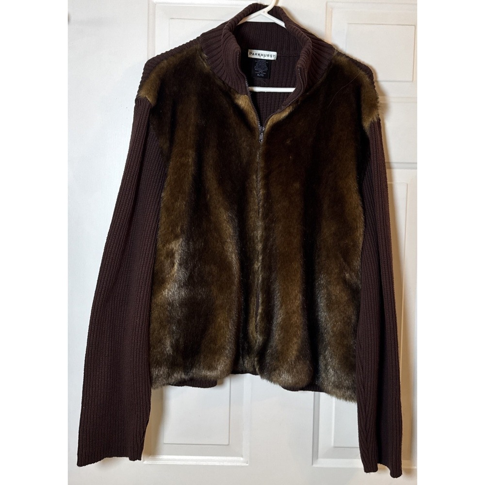 Parkhurst‎ Faux Fur Sweater Jacket Womens XL Brown Full Zip Knit Canada Cardigan